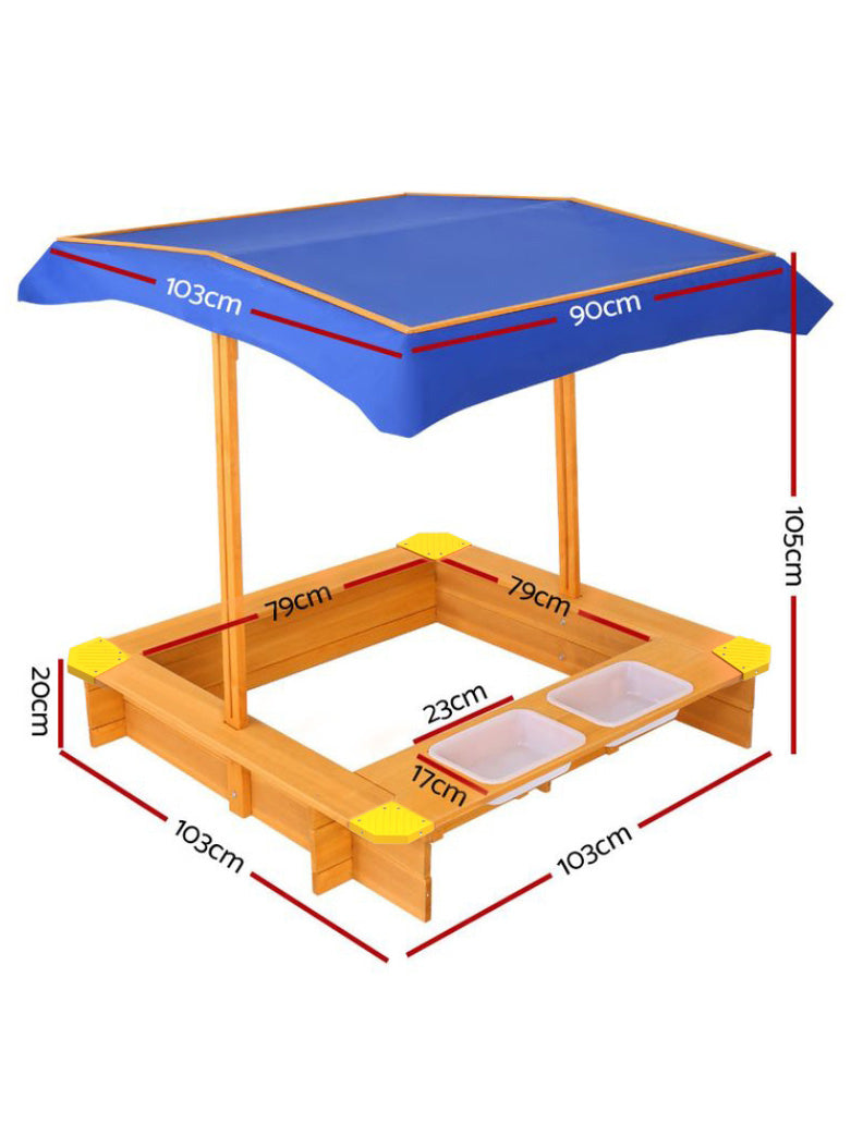 Keezi Kids Outdoor Wooden Water Play Sandpit With Blue Canopy - Dimensions Image