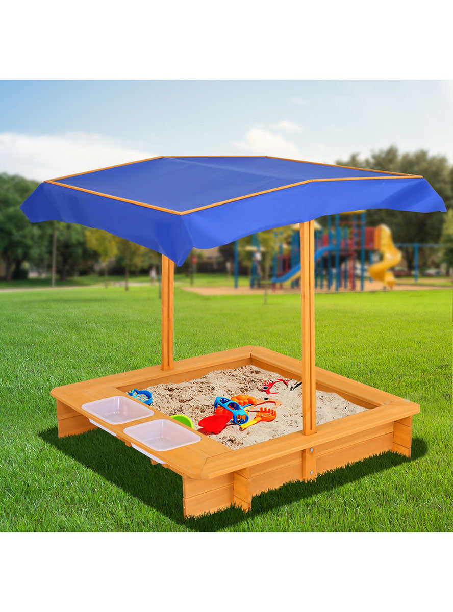 Keezi Kids Outdoor Wooden Water Play Sandpit With Blue Canopy - Lifestyle Image