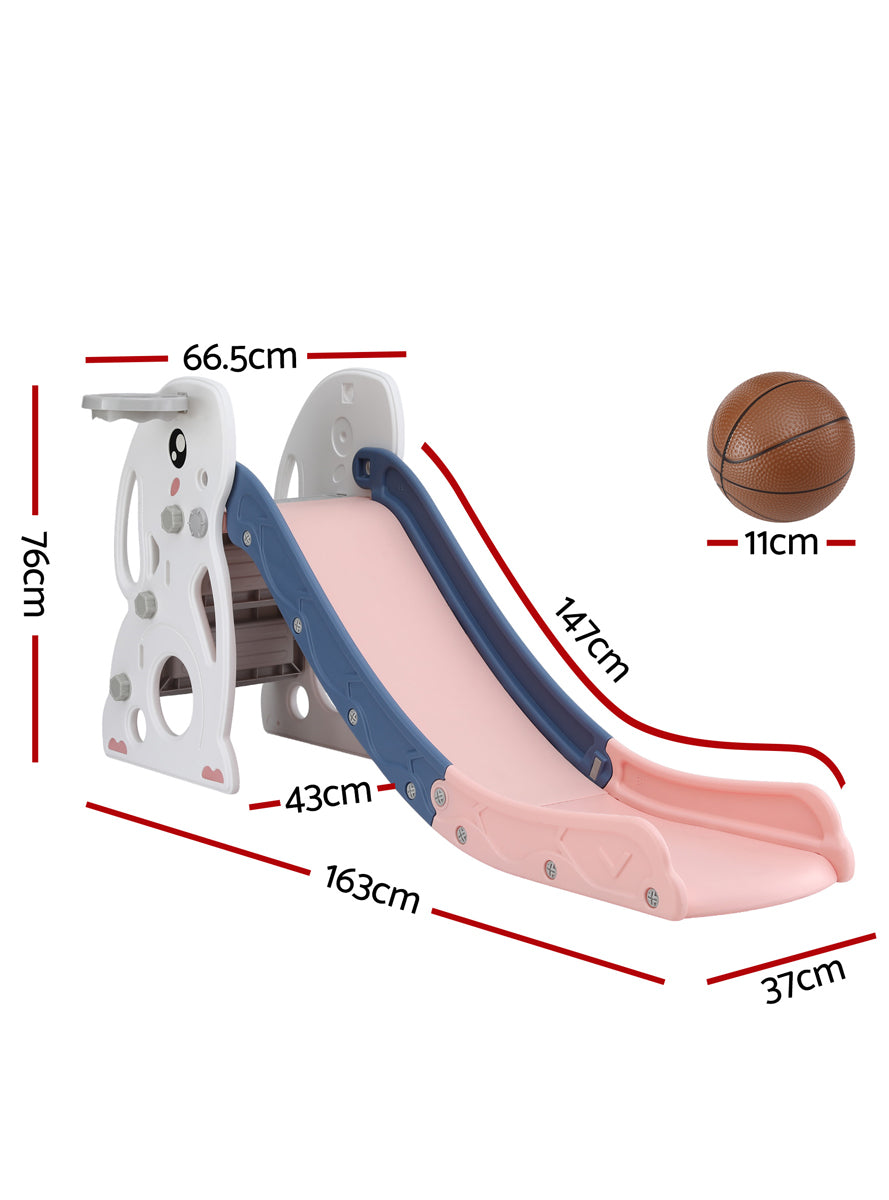 Keezi Kids Pink And Blue Plastic 147cm Rabbit Slide With Basketball Hoop - Dimensions Image