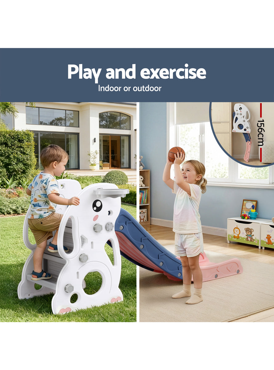 Keezi Kids Pink And Blue Plastic 147cm Rabbit Slide With Basketball Hoop - Info Image 1