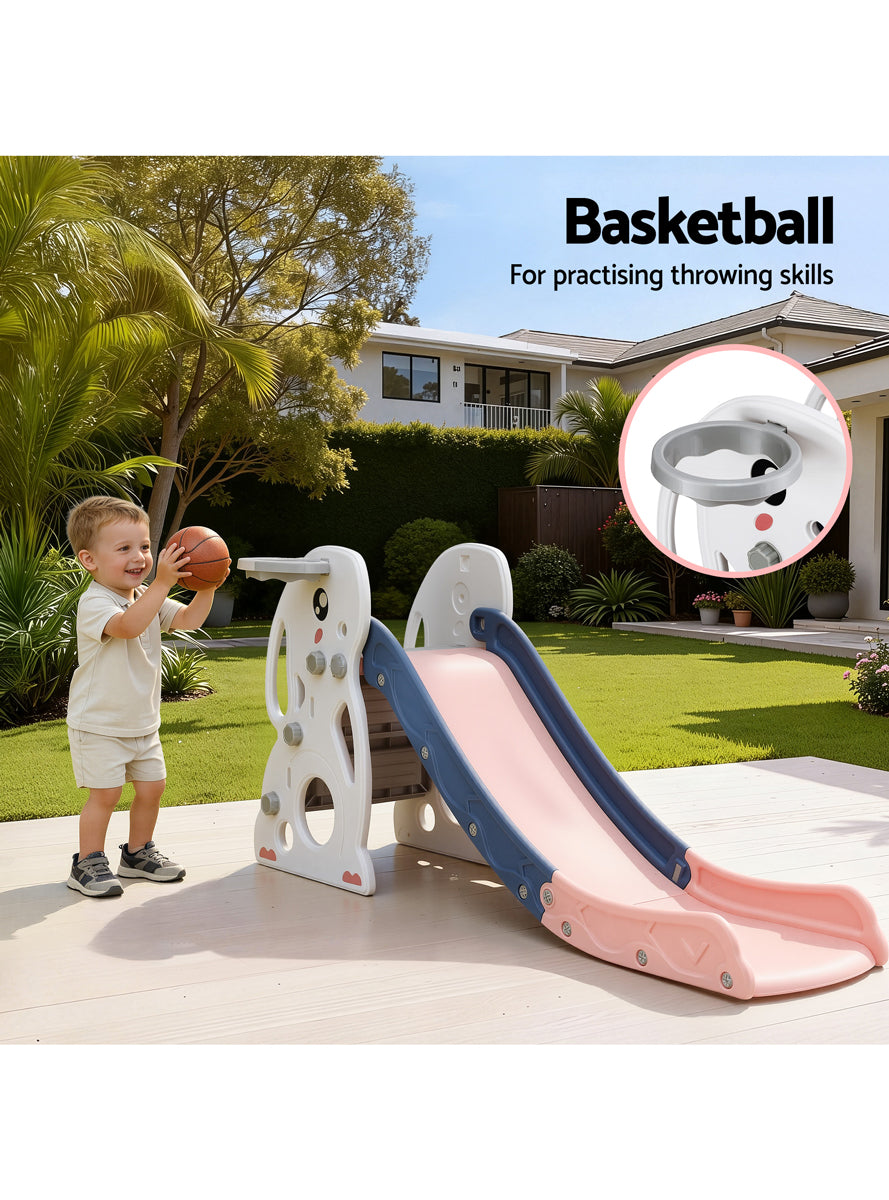 Keezi Kids Pink And Blue Plastic 147cm Rabbit Slide With Basketball Hoop - Info Image 2
