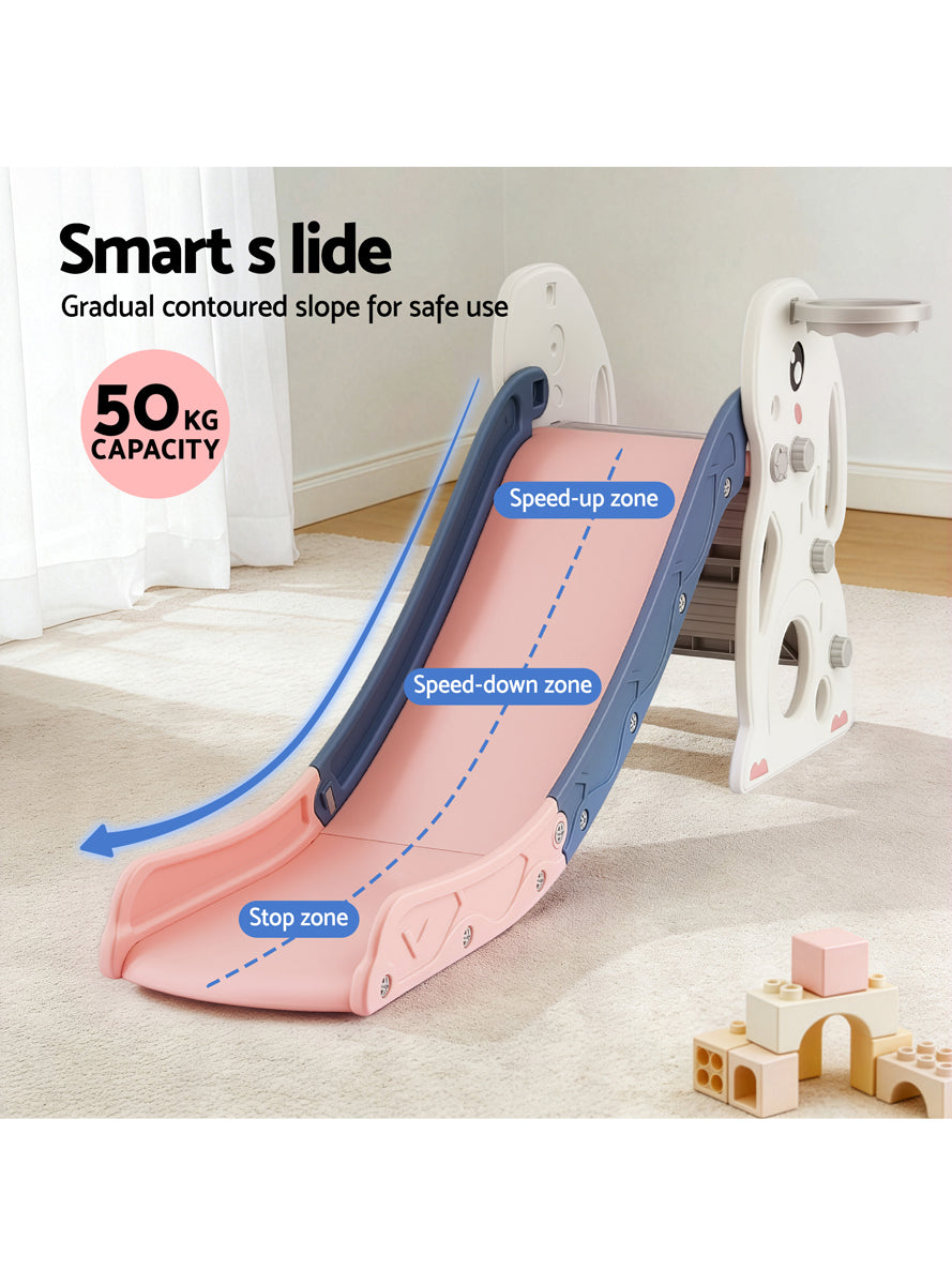 Keezi Kids Pink And Blue Plastic 147cm Rabbit Slide With Basketball Hoop - Info Image 4