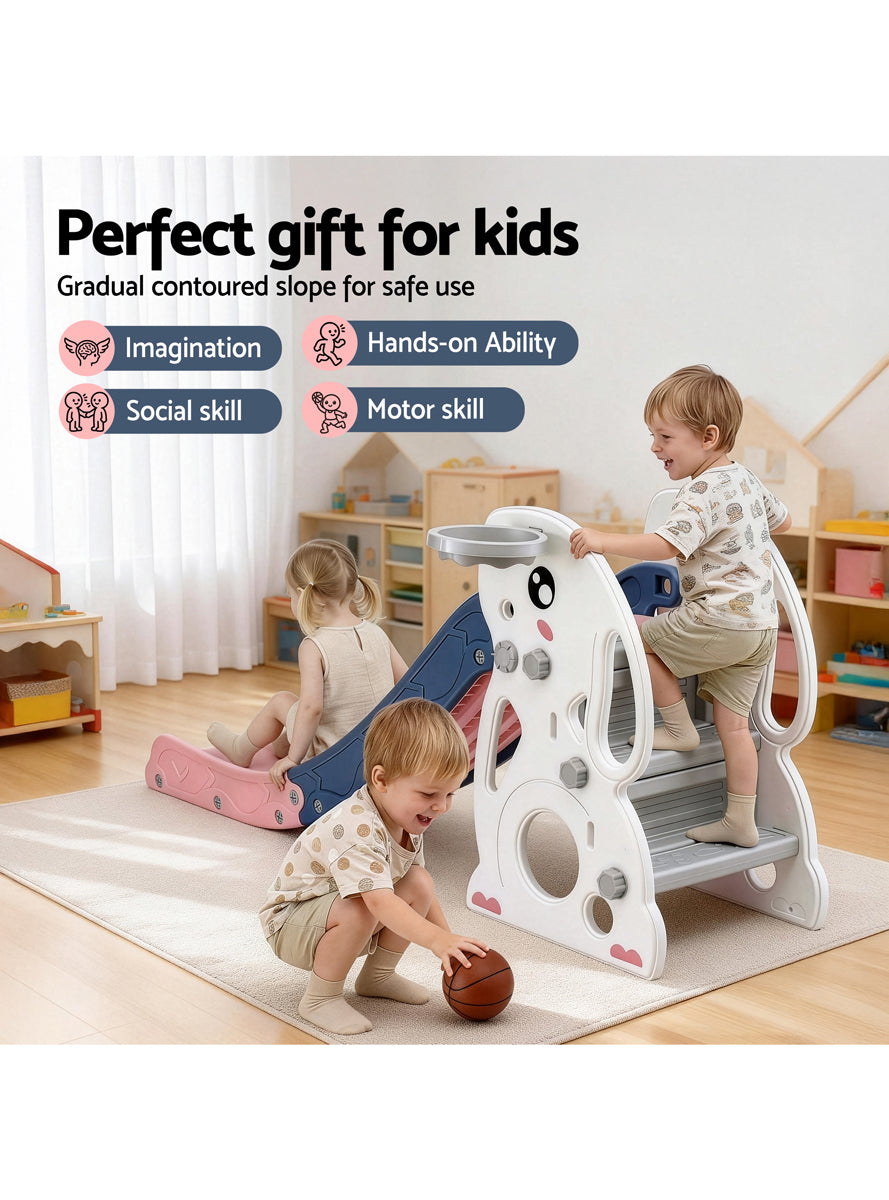 Keezi Kids Pink And Blue Plastic 147cm Rabbit Slide With Basketball Hoop - Info Image 5