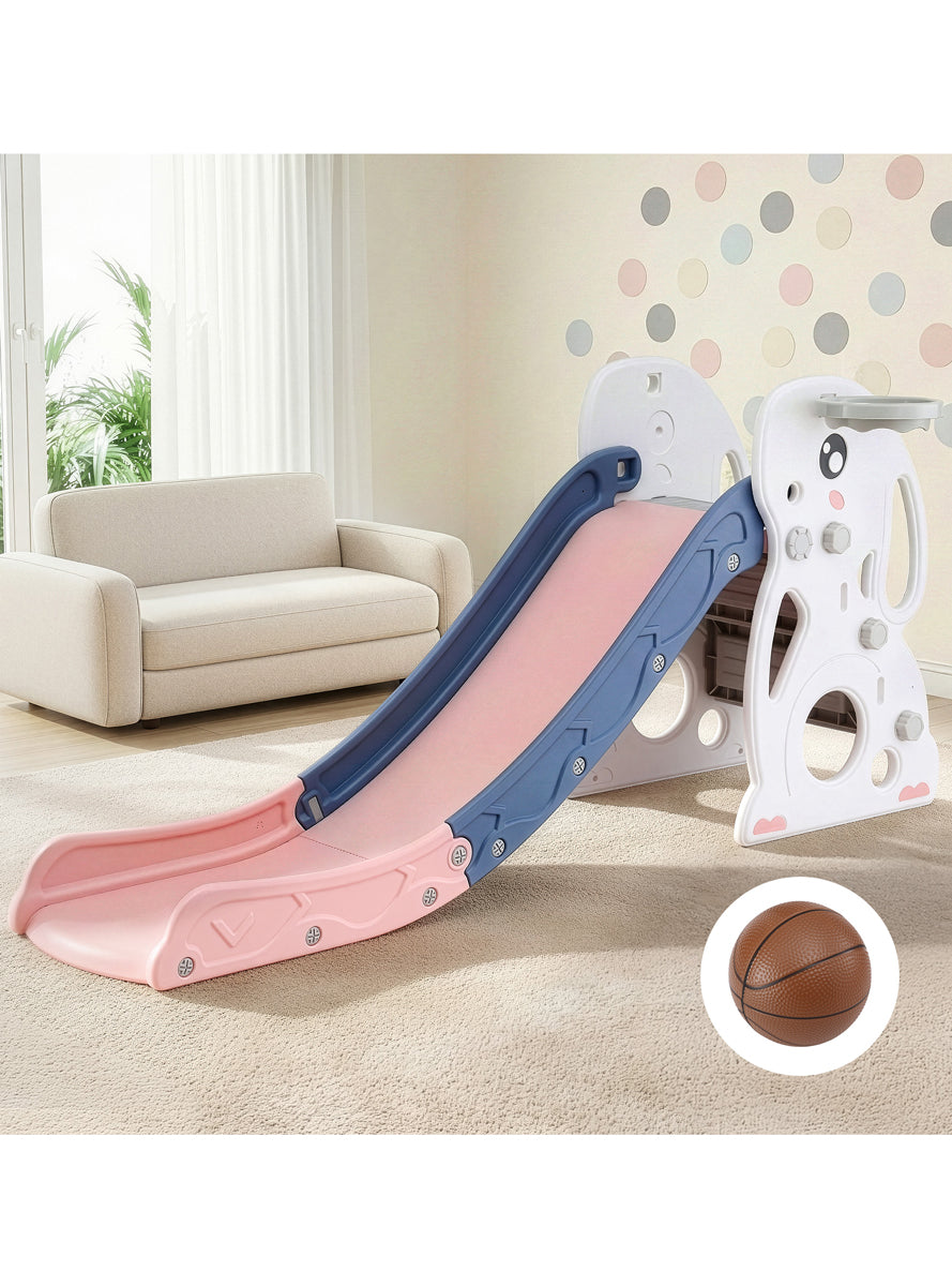 Keezi Kids Pink And Blue Plastic 147cm Rabbit Slide With Basketball Hoop - Lifestyle Image