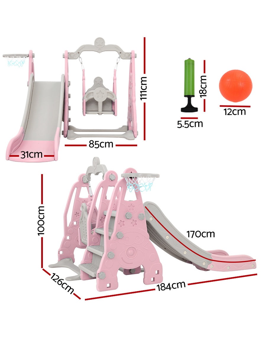 Keezi Kids Pink And Grey Outdoor Playset With Slide Swing And Basketball Hoop - Dimensions Image
