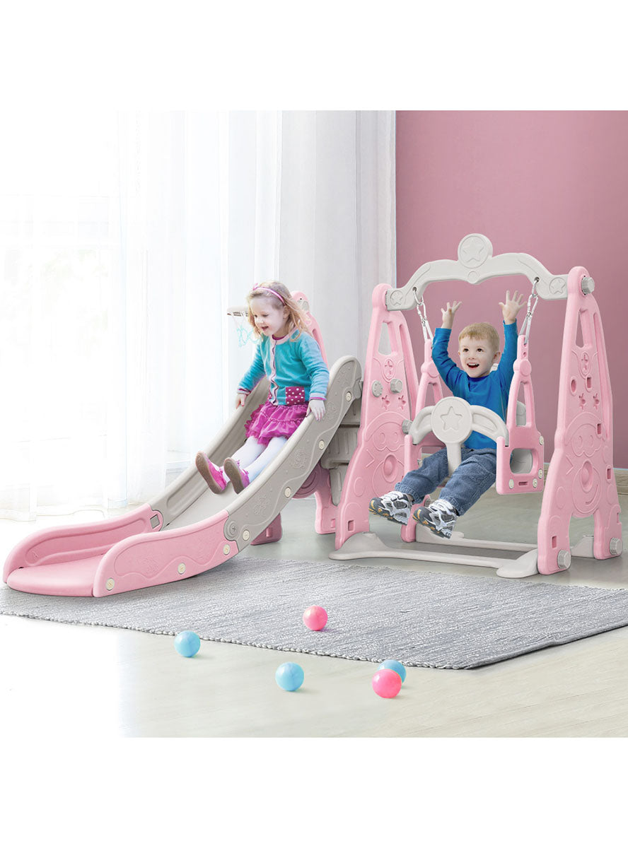 Keezi Kids Pink And Grey Outdoor Playset With Slide Swing And Basketball Hoop - Lifestyle Image
