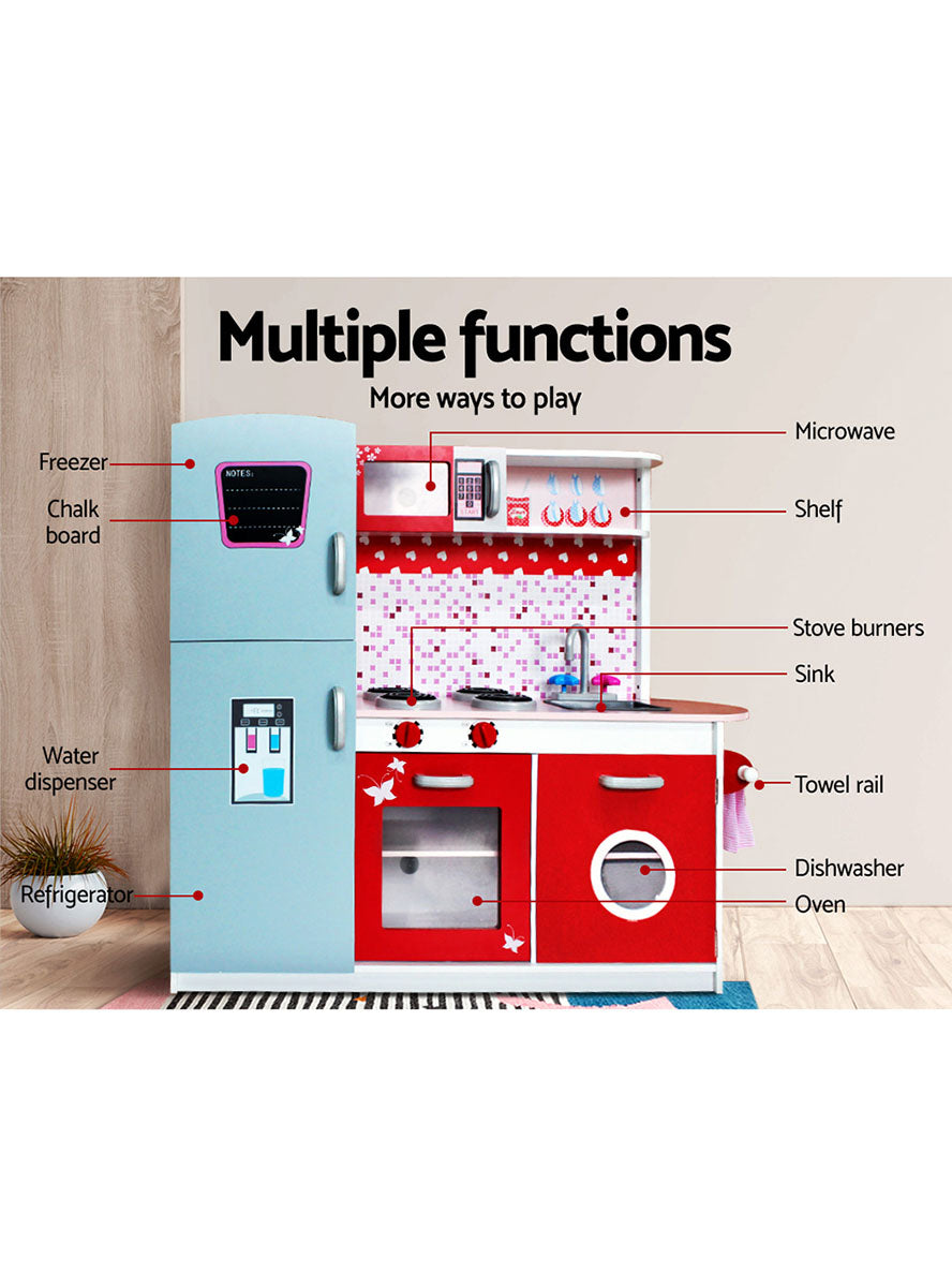 Keezi Kids Pink And Red Wooden Kitchen Playset With Butterflies And Hearts - Info Image 1