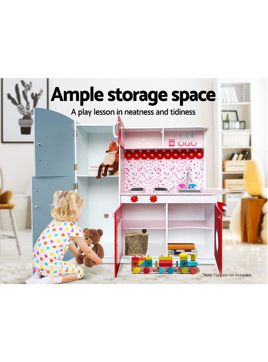 Keezi Kids Pink And Red Wooden Kitchen Playset With Butterflies And Hearts - Info Image 4