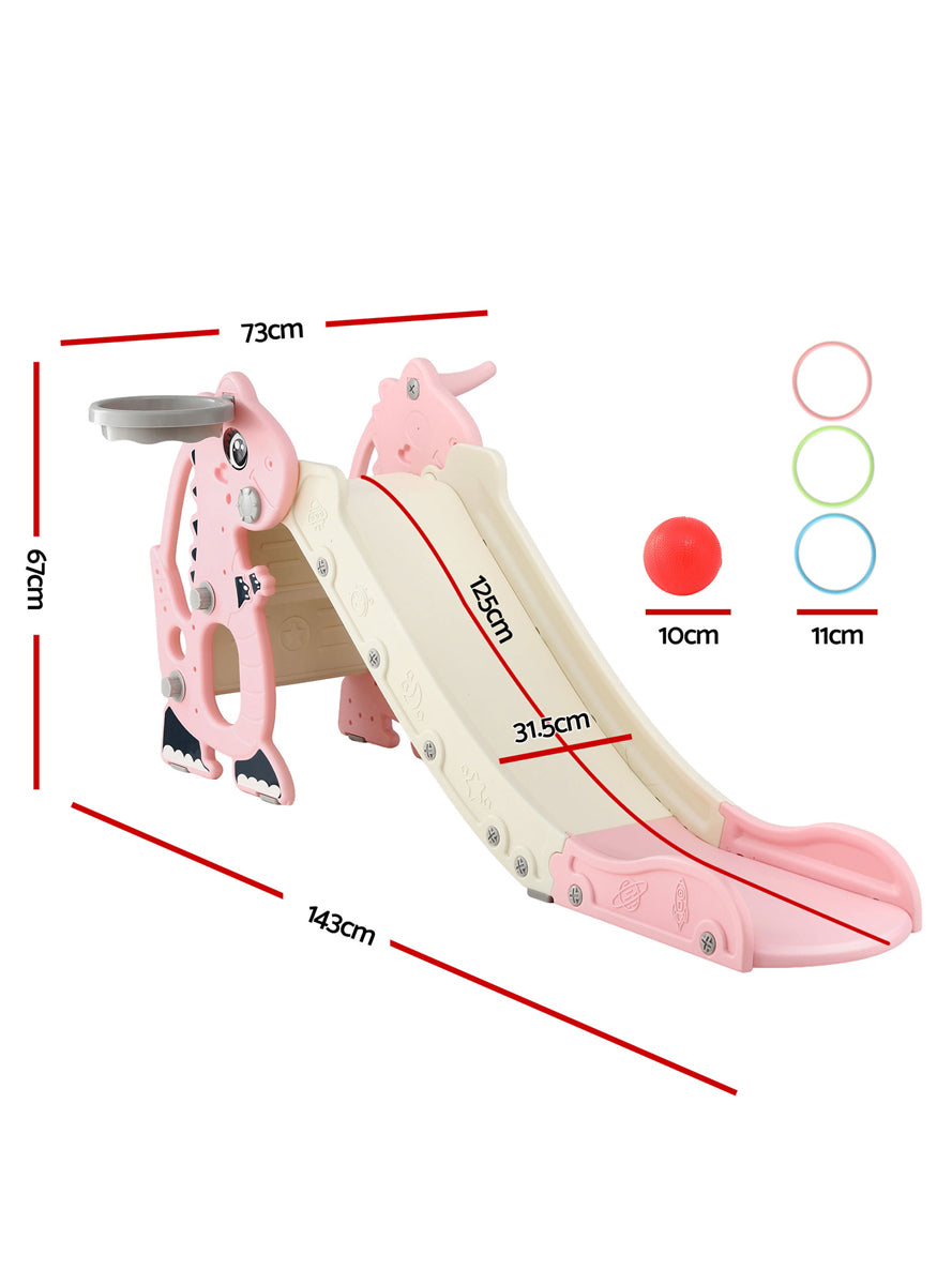 Keezi Kids Pink And White 125cm Dragon Slide With Basketball Hoop - Dimensions Image