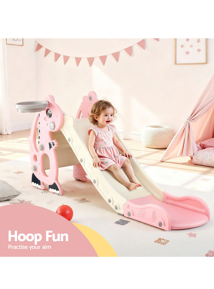 Keezi Kids Pink And White 125cm Dragon Slide With Basketball Hoop - Info Image 1