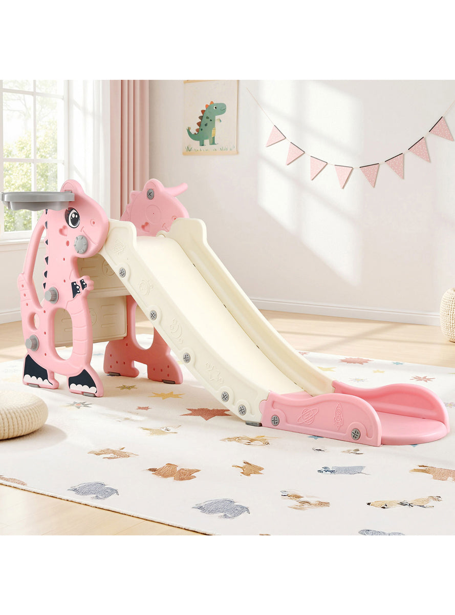 Keezi Kids Pink And White 125cm Dragon Slide With Basketball Hoop - Lifestyle Image