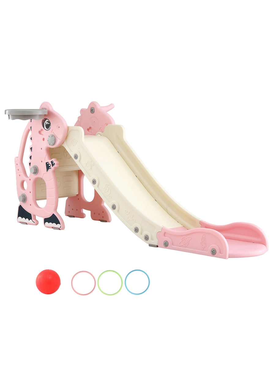 Keezi Kids Pink And White 125cm Dragon Slide With Basketball Hoop - Main Image