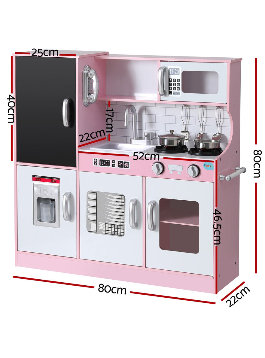 Keezi Kids Pink And White Wooden Pretend Kitchen Playset With Blackboard Fridge - Dimensions Image