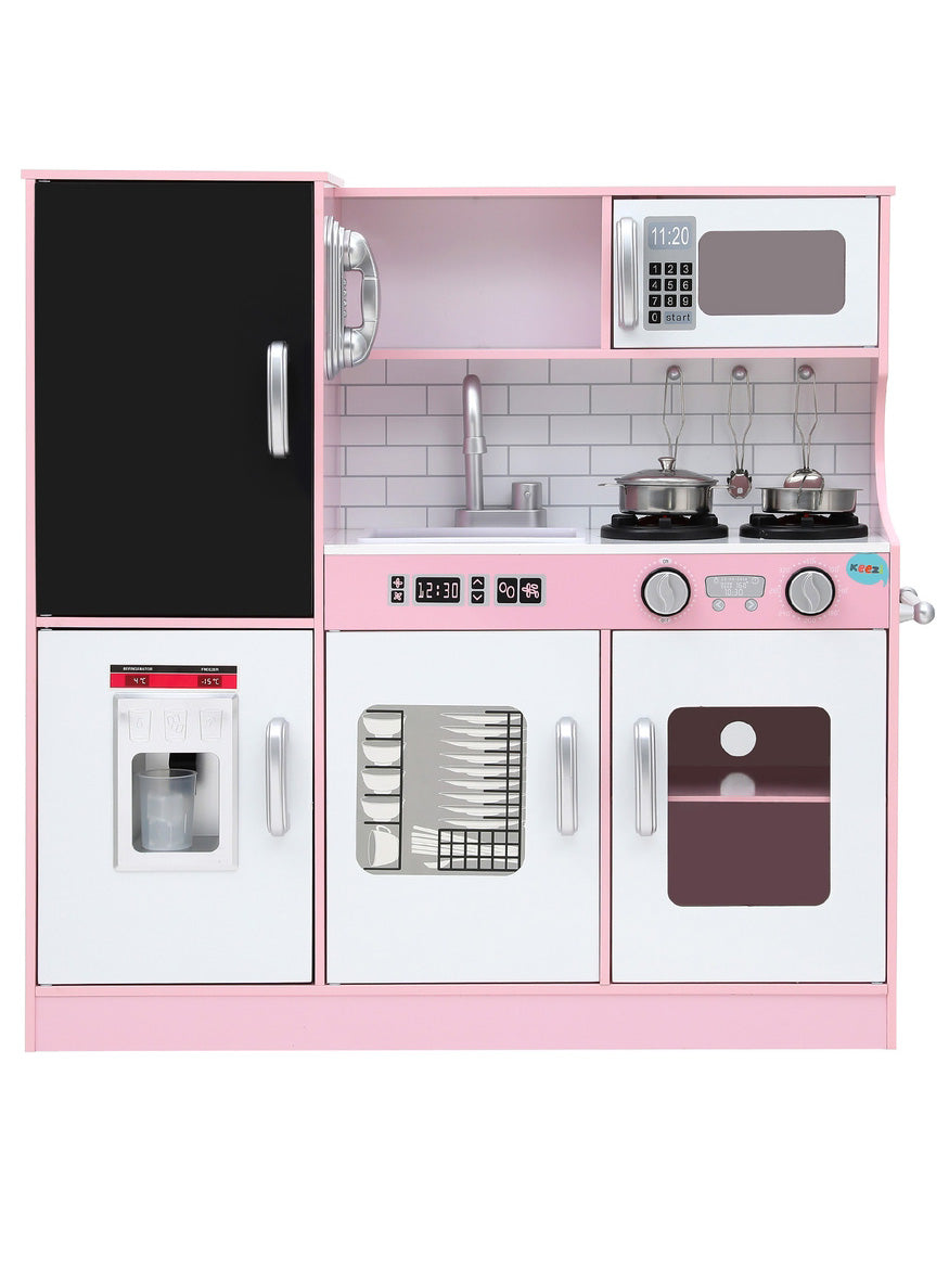 Keezi Kids Pink And White Wooden Pretend Kitchen Playset With Blackboard Fridge - Front Image
