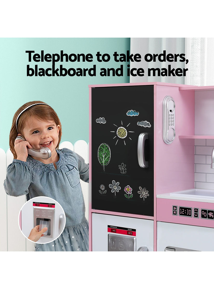 Keezi Kids Pink And White Wooden Pretend Kitchen Playset With Blackboard Fridge - Info Image 1
