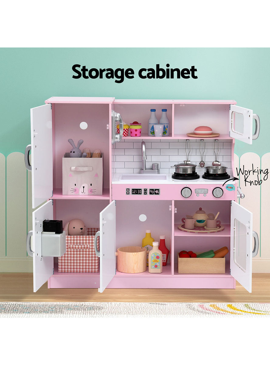 Keezi Kids Pink And White Wooden Pretend Kitchen Playset With Blackboard Fridge - Info Image 3