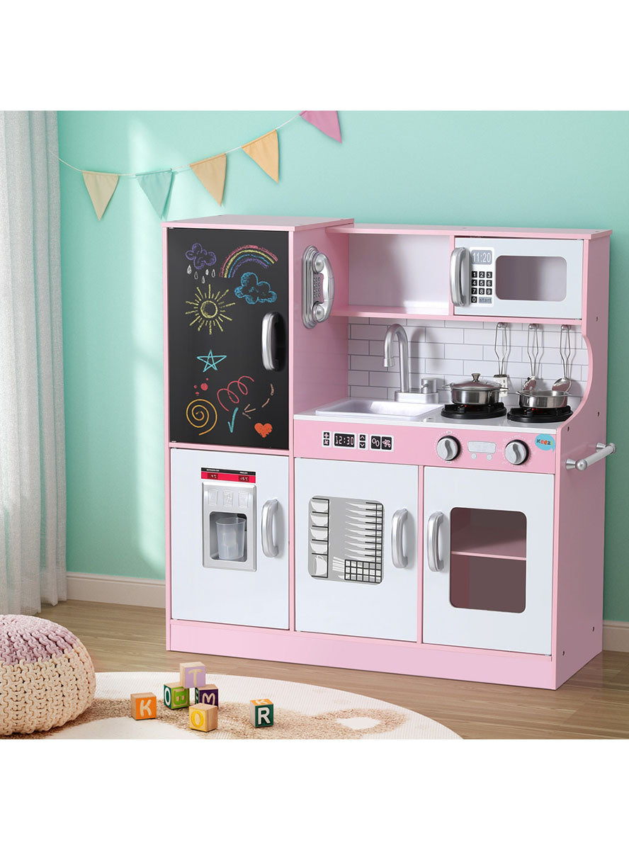 Keezi Kids Pink And White Wooden Pretend Kitchen Playset With Blackboard Fridge - Lifestyle Image