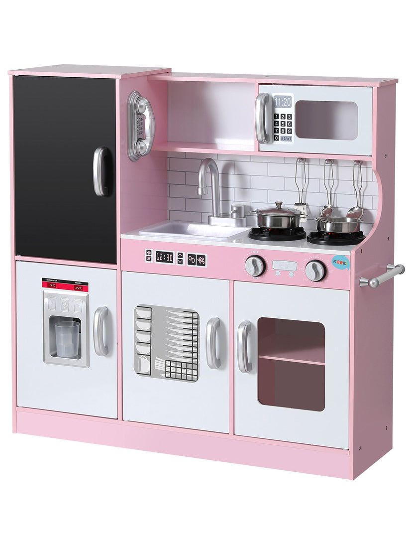 Keezi Kids Pink And White Wooden Pretend Kitchen Playset With Blackboard Fridge - Main Image