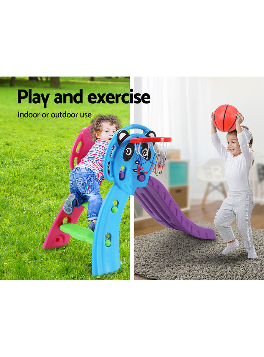 Keezi Kids Purple And Blue 100cm Plastic Panda Slide With Basketball Hoop - Info Image 1