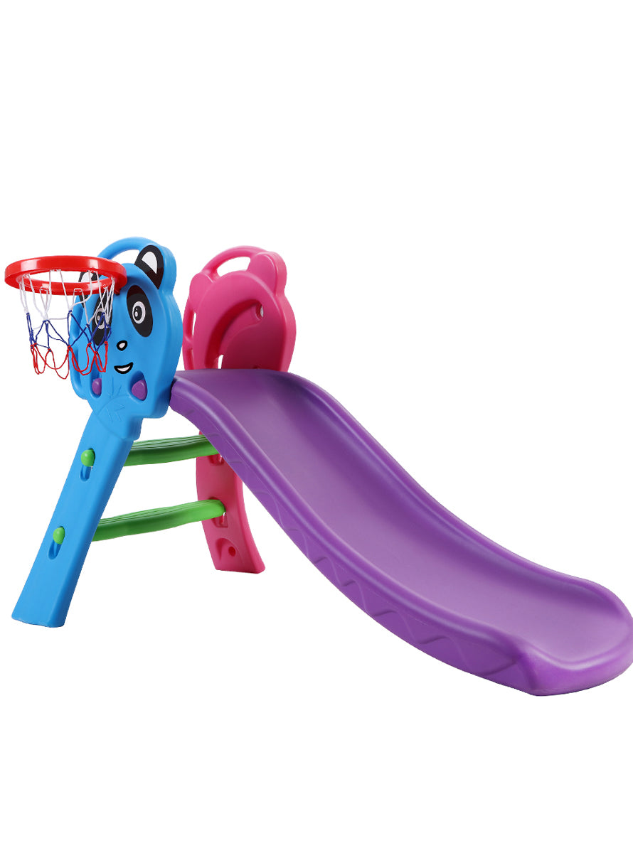 Keezi Kids Purple And Blue 100cm Plastic Panda Slide With Basketball Hoop - Main Image