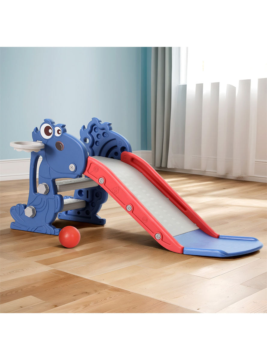 Keezi Kids Red And Blue 90cm Plastic Dragon Slide With Basketball Hoop - Lifestyle Image