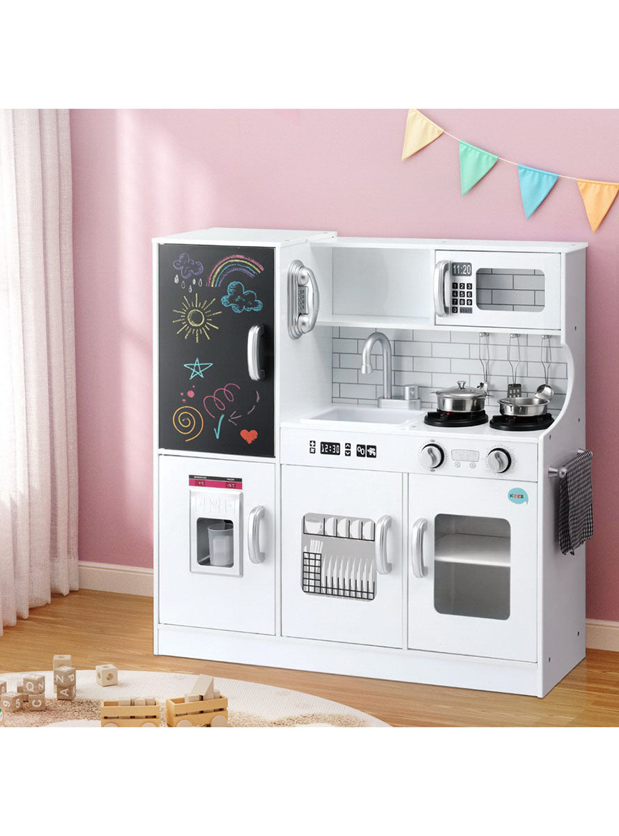 Keezi Kids White Wooden Pretend Kitchen Playset With Blackboard Fridge - Lifestyle Image