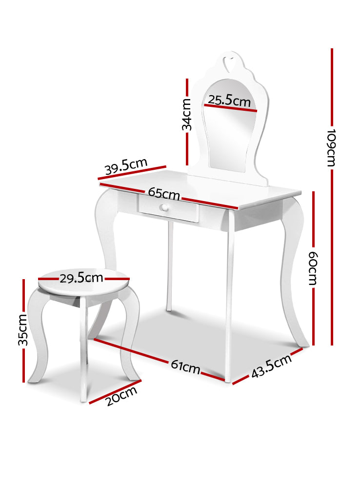 Keezi Kids White Wooden Princess Makeup Table With Stool - Dimensions Image