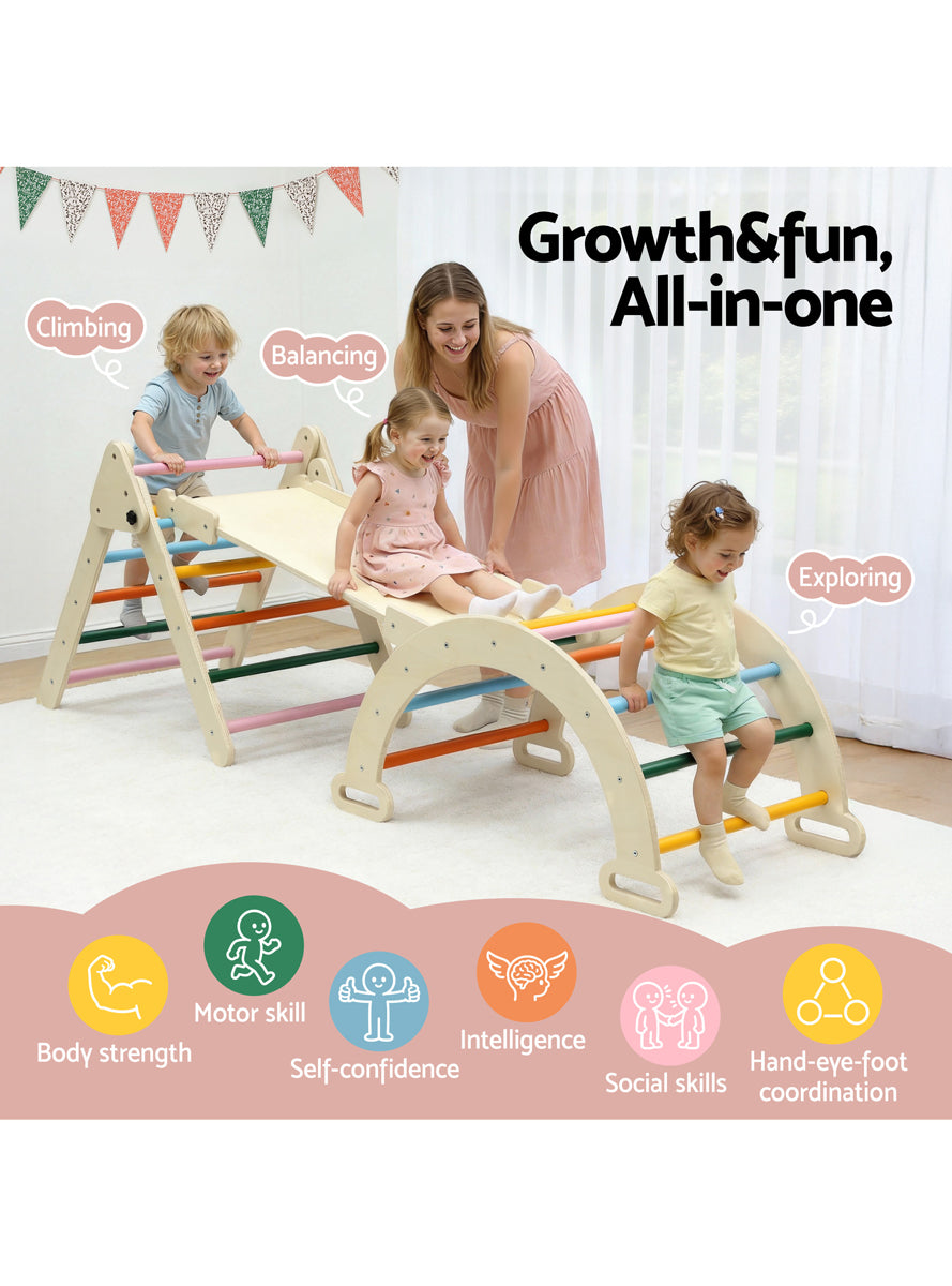 Keezi Kids Wooden Indoor Outdoor Playset With Arch Climbing Frame And Slide - Info Image 1