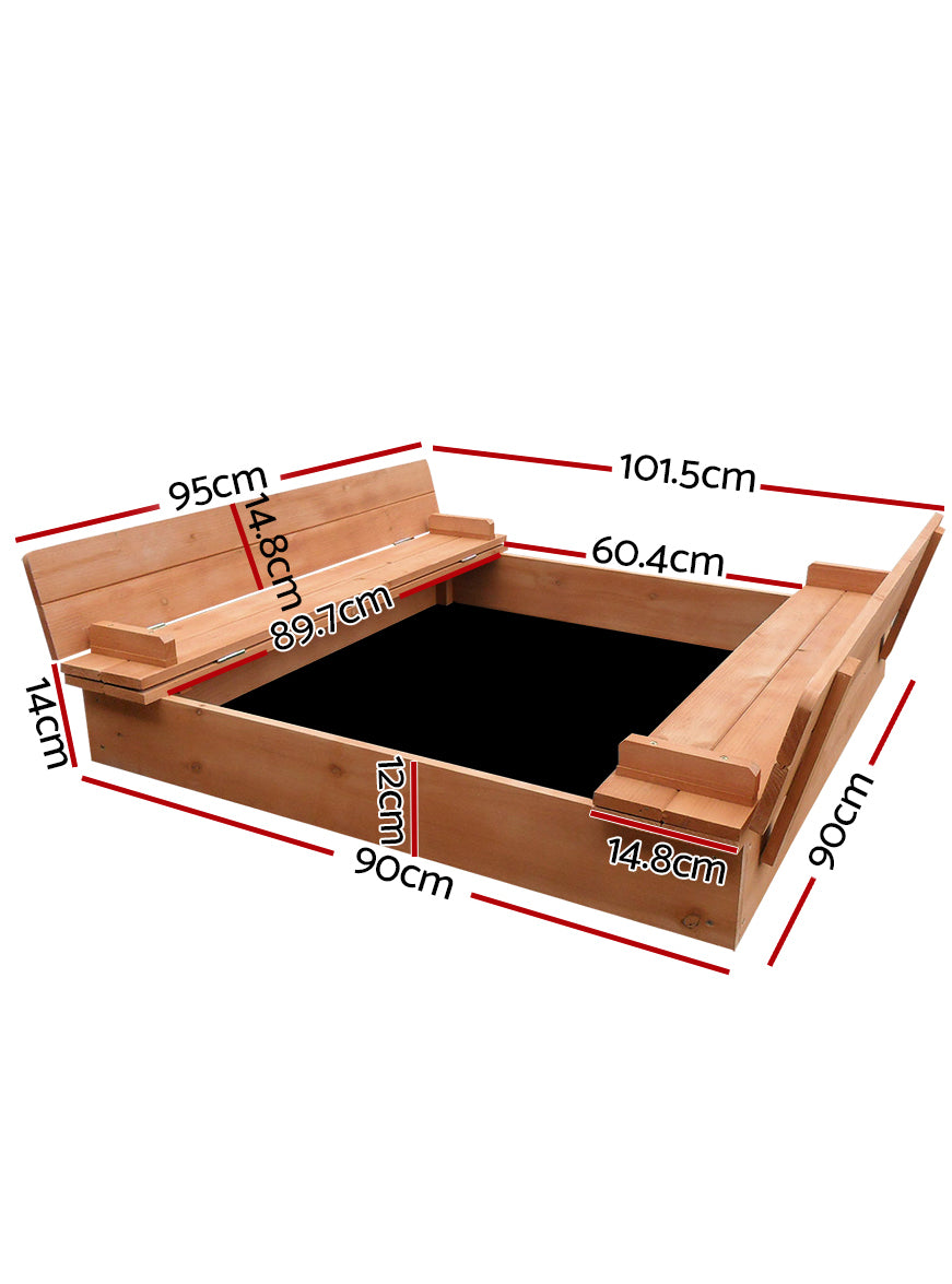Keezi Kids Wooden Outdoor 90cm Square Sandpit With Foldable Bench Seats - Dimensions Image