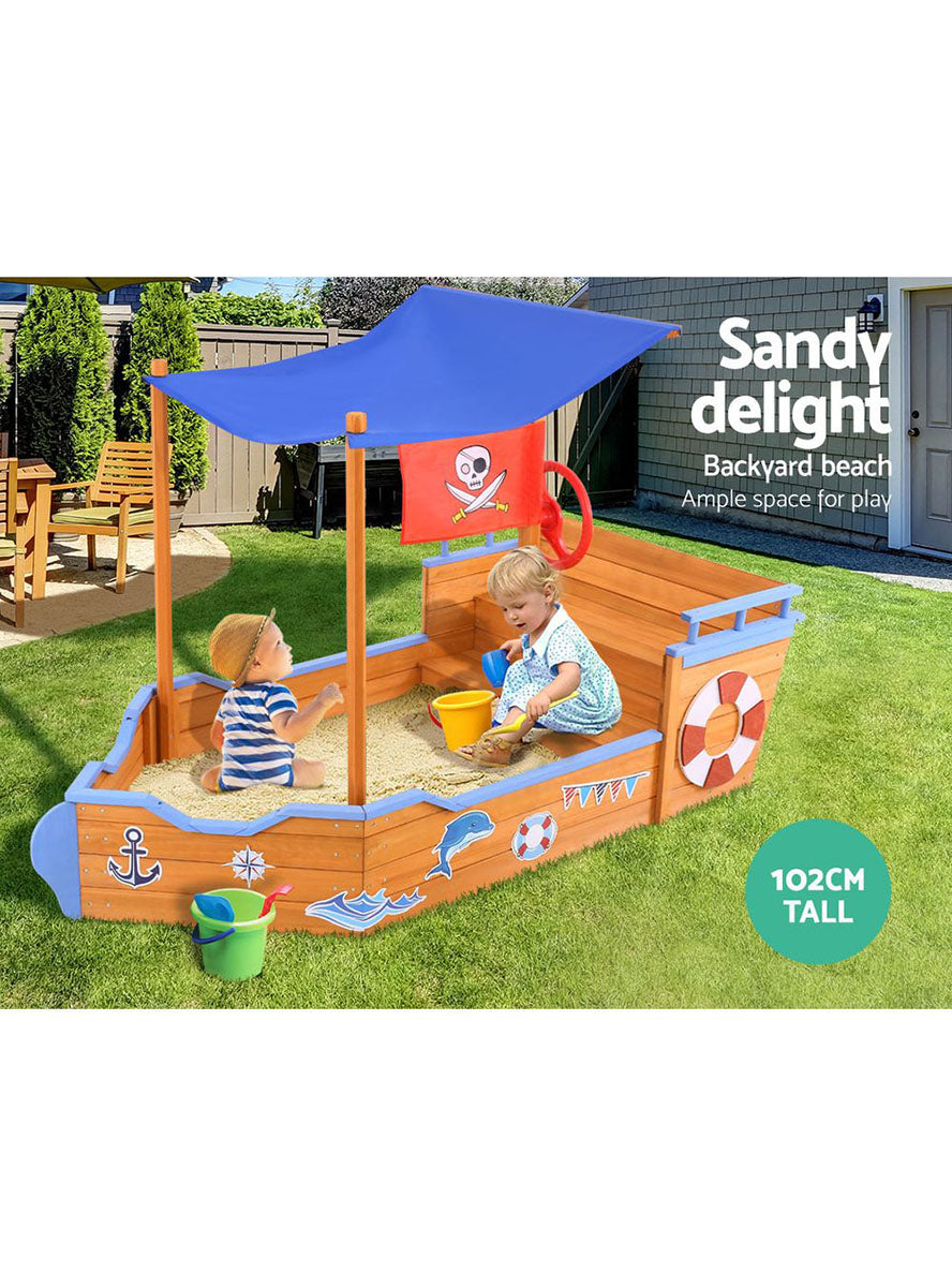 Keezi Kids Wooden Outdoor Boat Shaped Sand Pit With Blue Canopy - Info Image 1