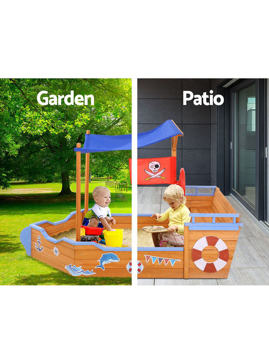 Keezi Kids Wooden Outdoor Boat Shaped Sand Pit With Blue Canopy - Info Image 2