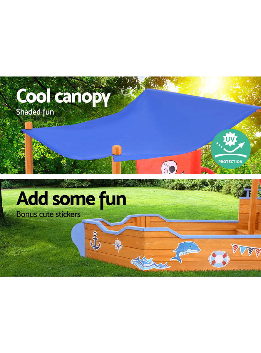 Keezi Kids Wooden Outdoor Boat Shaped Sand Pit With Blue Canopy - Info Image 3