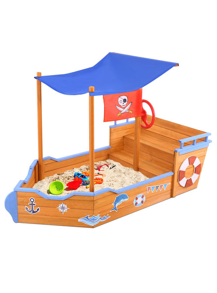 Keezi Kids Wooden Outdoor Boat Shaped Sand Pit With Blue Canopy - Main Image