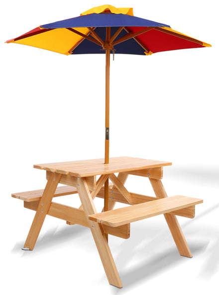Keezi Kids Wooden Outdoor Picnic Table With Rainbow Umbrella - Main Image