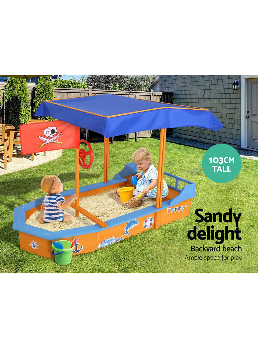 Keezi Kids Wooden Outdoor Pirate Ship Sandpit With Blue Canopy - Info Image 1