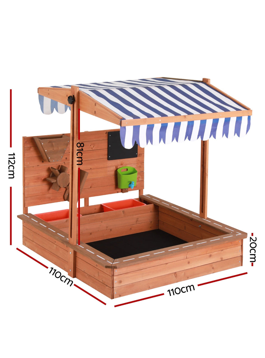 Keezi Kids Wooden Outdoor Sand Pit With Blue Striped Canopy And Toys - Dimensions Image