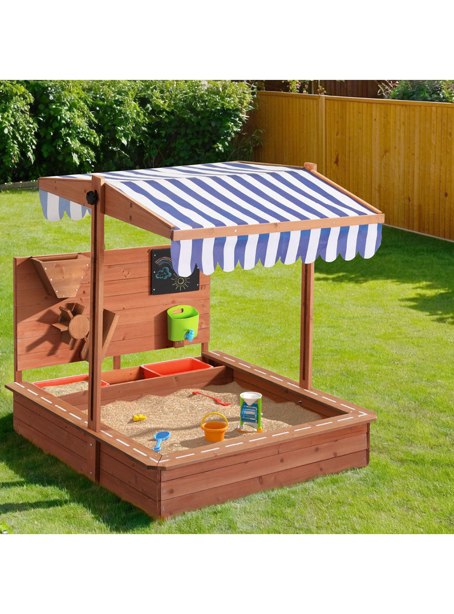 Keezi Kids Wooden Outdoor Sand Pit With Blue Striped Canopy And Toys - Lifestyle Image