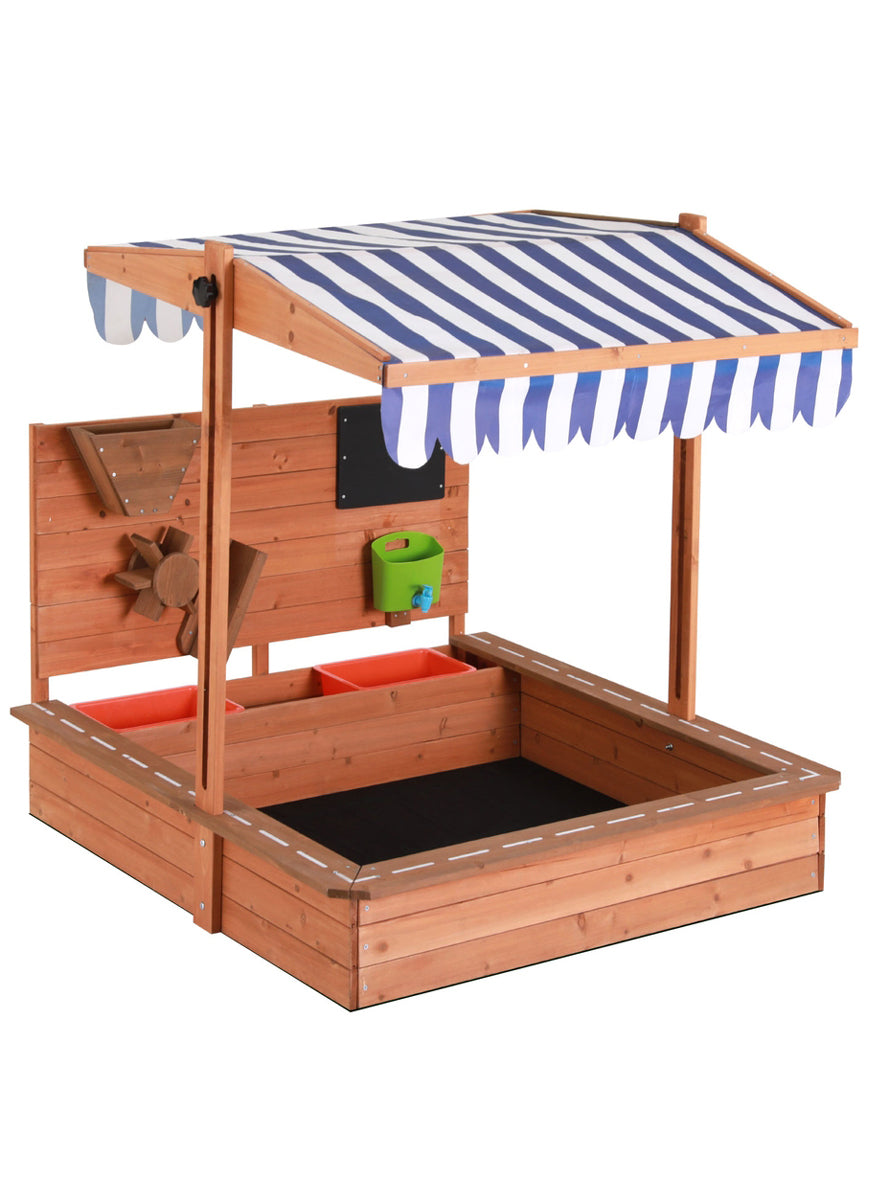 Keezi Kids Wooden Outdoor Sand Pit With Blue Striped Canopy And Toys - Main Image