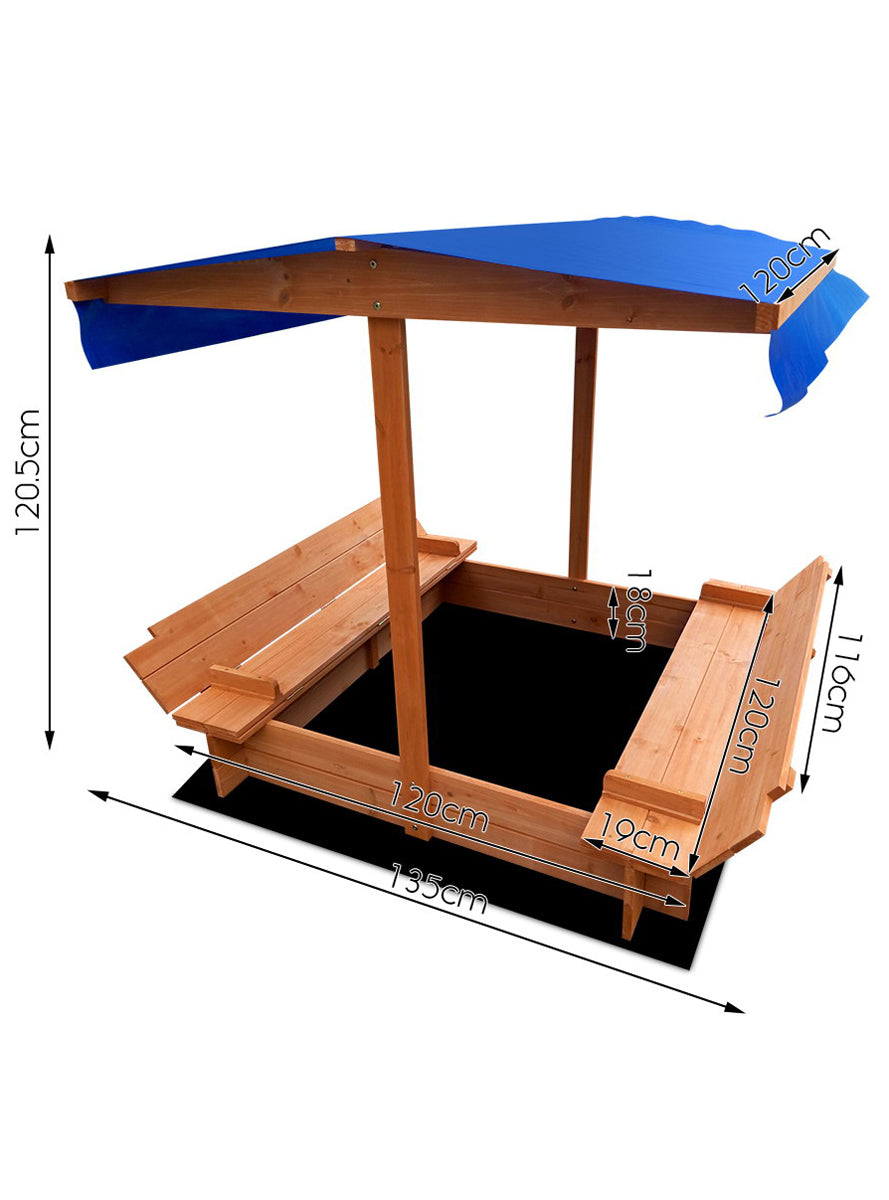 Keezi Kids Wooden Outdoor Sand Pit With Foldable Seats And Blue Canopy - Dimensions Image