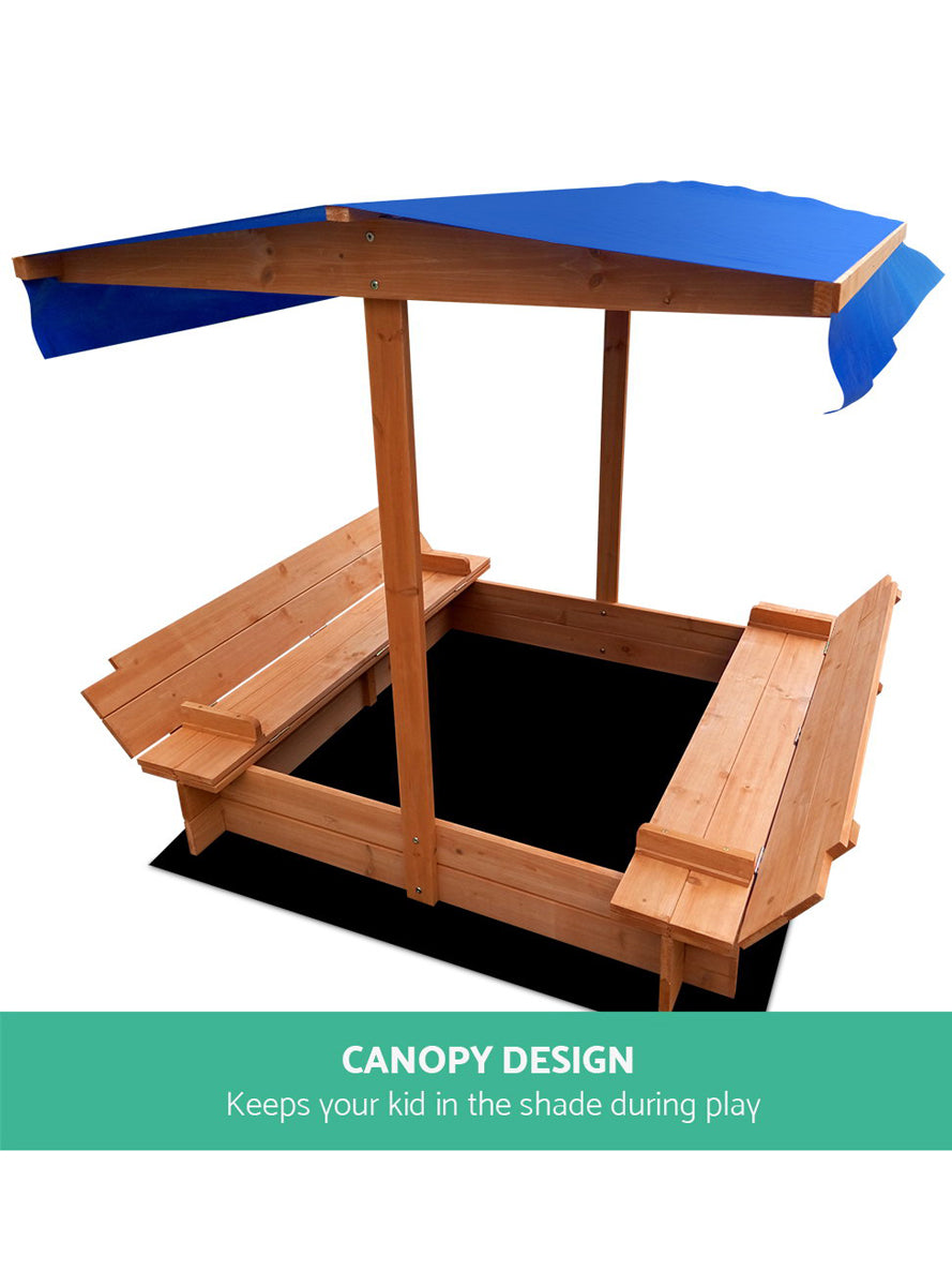Keezi Kids Wooden Outdoor Sand Pit With Foldable Seats And Blue Canopy - Info Image 1