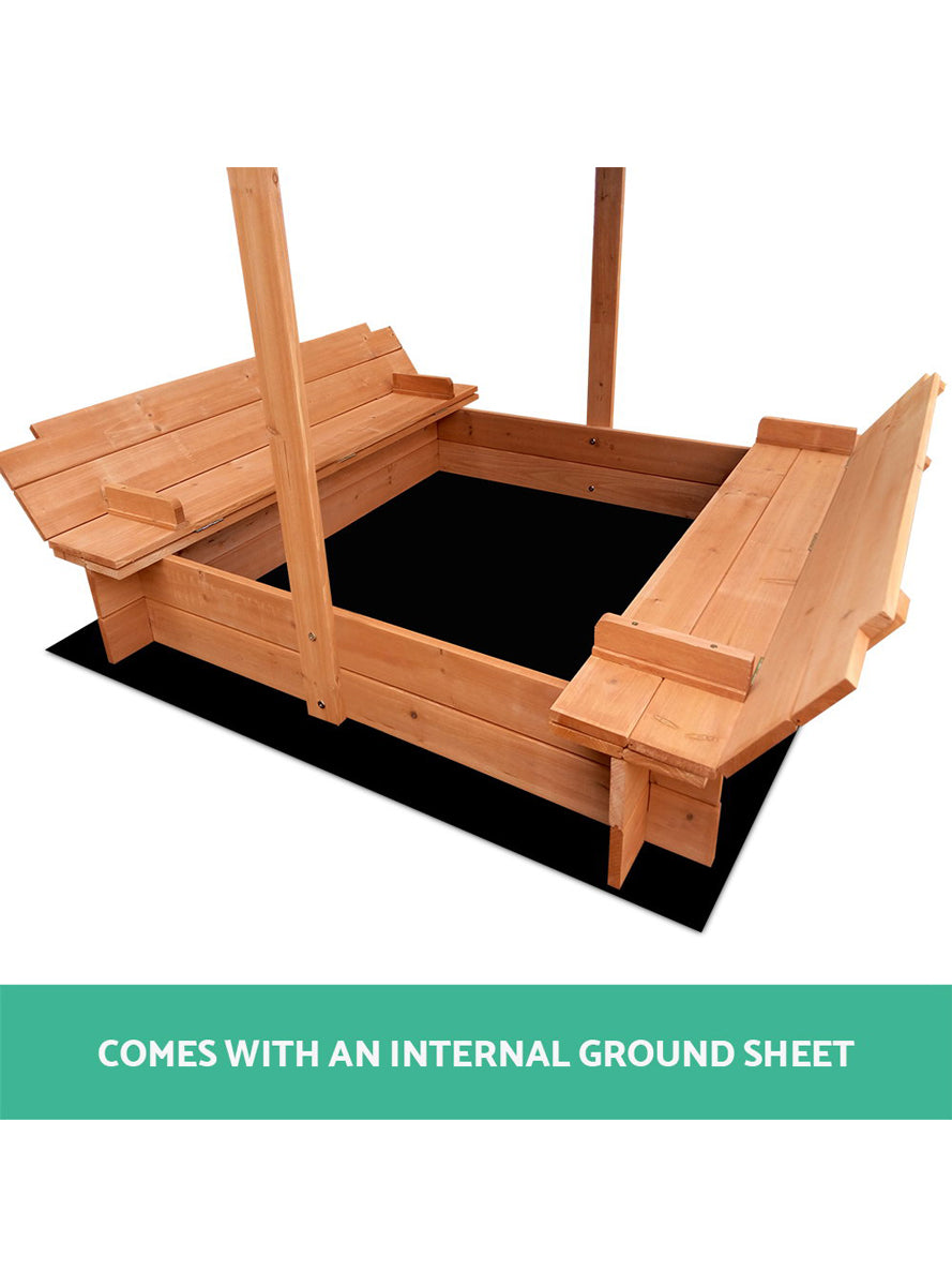 Keezi Kids Wooden Outdoor Sand Pit With Foldable Seats And Blue Canopy - Info Image 4