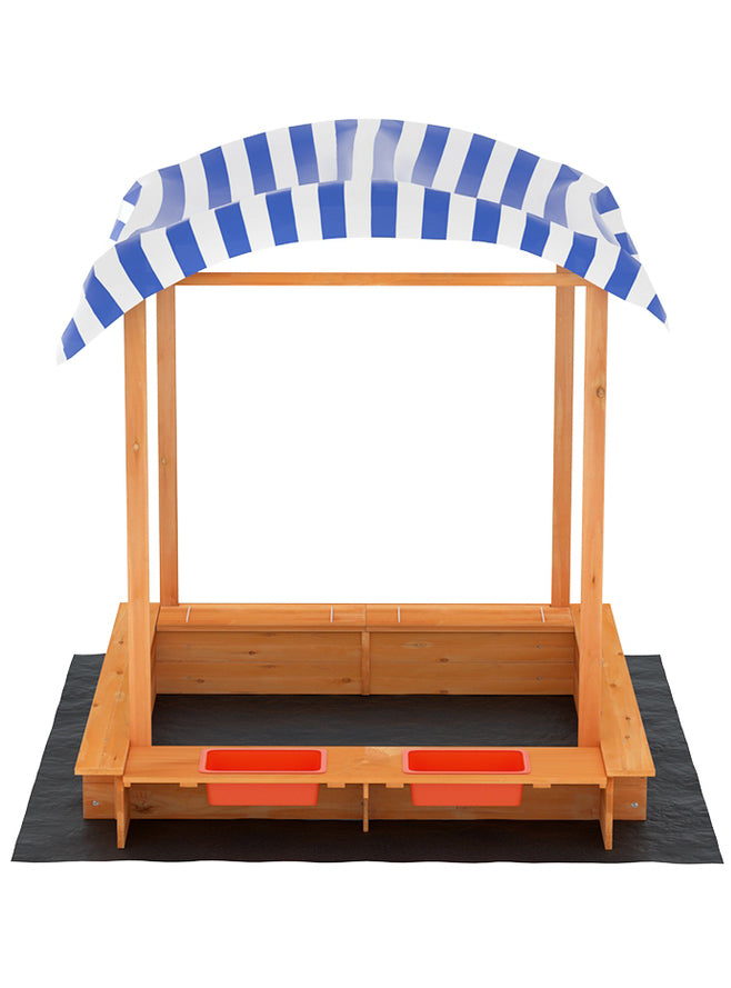 Keezi Kids Wooden Outdoor Sandpit With Water Basin And Blue Striped Canopy - Alternate Image