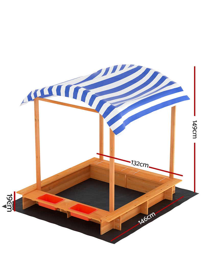 Keezi Kids Wooden Outdoor Sandpit With Water Basin And Blue Striped Canopy - Dimensions Image