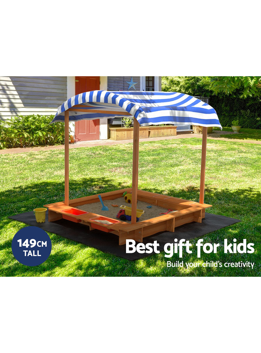 Keezi Kids Wooden Outdoor Sandpit With Water Basin And Blue Striped Canopy - Info Image 1