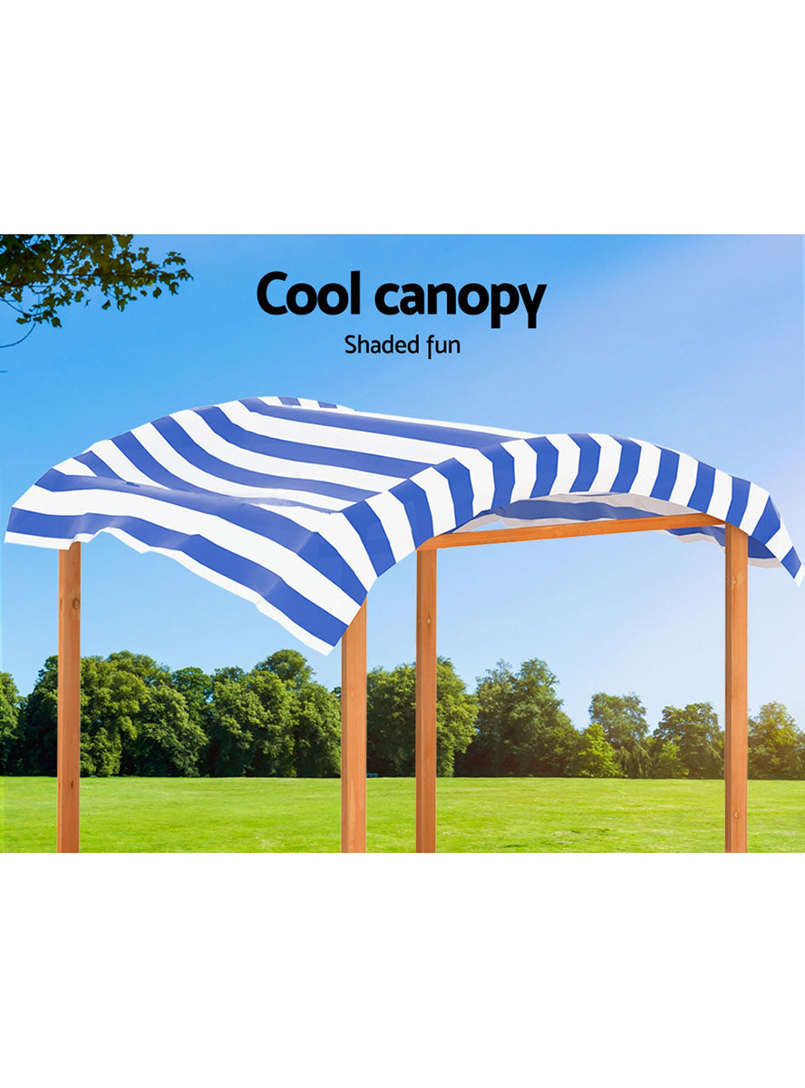 Keezi Kids Wooden Outdoor Sandpit With Water Basin And Blue Striped Canopy - Info Image 2