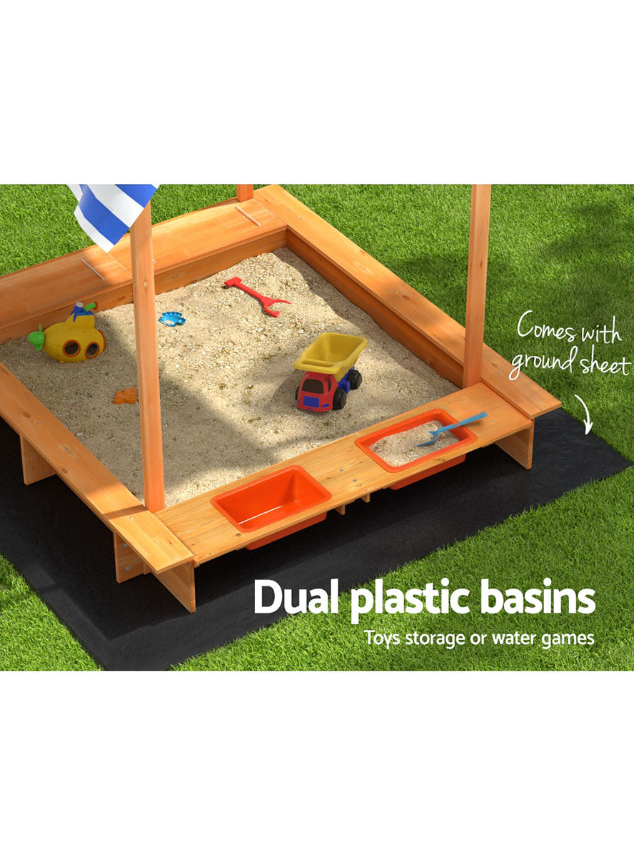 Keezi Kids Wooden Outdoor Sandpit With Water Basin And Blue Striped Canopy - Info Image 3