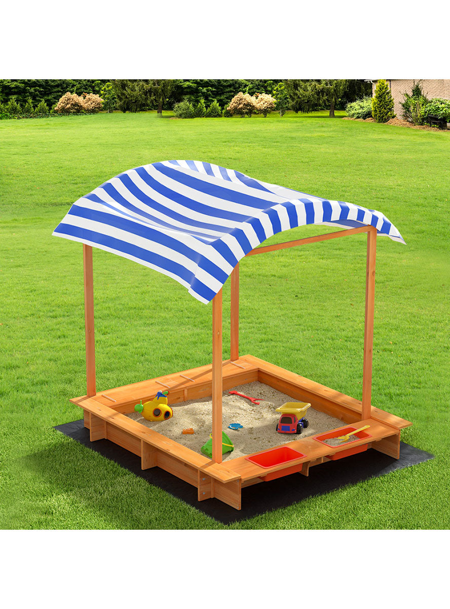 Keezi Kids Wooden Outdoor Sandpit With Water Basin And Blue Striped Canopy - Lifestyle Image
