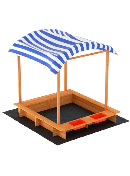 Keezi Kids Wooden Outdoor Sandpit With Water Basin And Blue Striped Canopy - Main Image