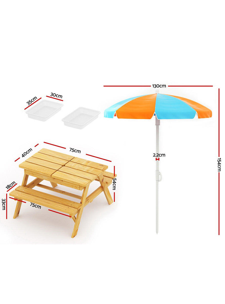 Keezi Kids Wooden Outdoor Table With Orange And Blue Umbrella - Dimensions Image