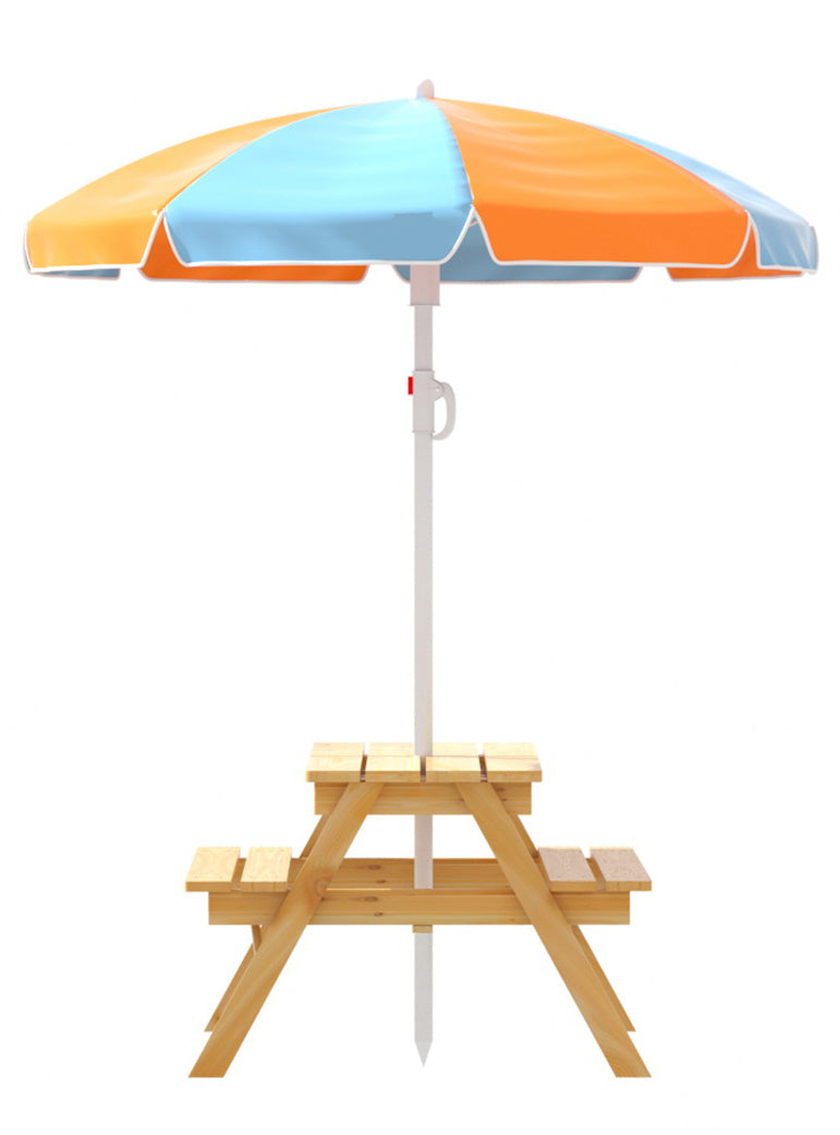 Keezi Kids Wooden Outdoor Table With Orange And Blue Umbrella - Front On Image